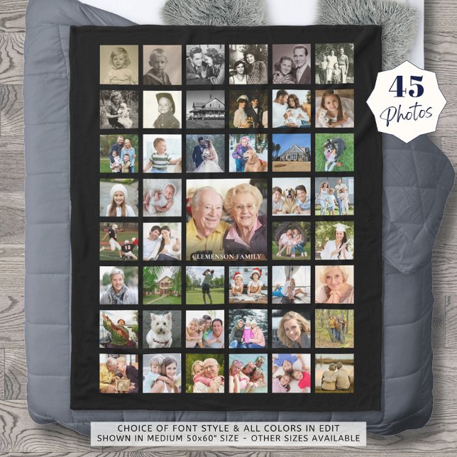 Photo Collage 45 Photo Template Personalized Black Fleece Blanket (Creator Uploaded)