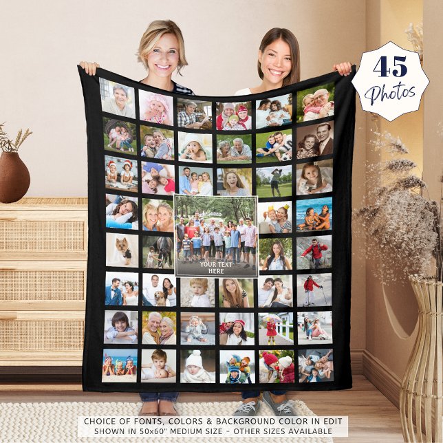 Photo Collage 45 Photo Template Personalized Black Fleece Blanket (Creator Uploaded)