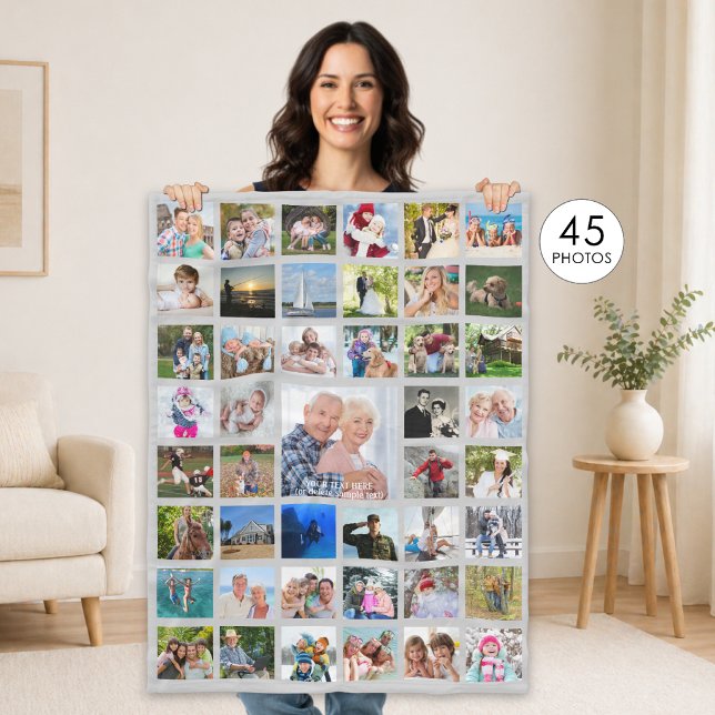Photo Collage 45 Pics Editable Gray Personalized Fleece Blanket (Creator Uploaded)