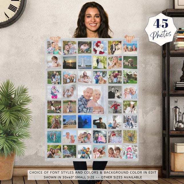 Photo Collage 45 Pics Editable Gray Personalized Fleece Blanket (Creator Uploaded)