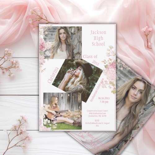 Photo Collage 4 Photo Pink Hydrangeas Graduation Announcement