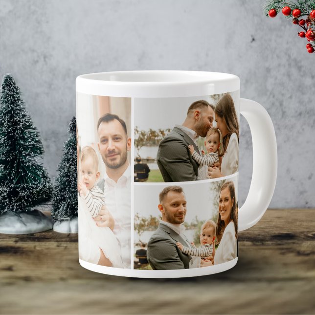 Photo Collage - 4 Photos Custom Text black white Giant Coffee Mug (Creator Uploaded)