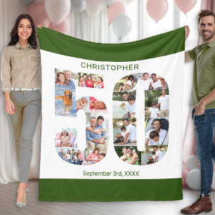 Photo Collage 50th Birthday Green White Picture Fleece Blanket