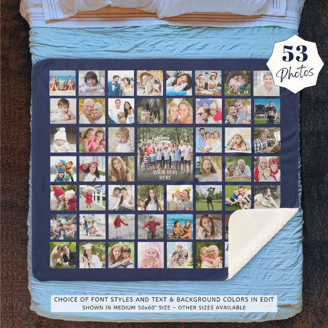 Photo Collage 53 Photos Personalized Blue Custom Sherpa Blanket (Creator Uploaded)