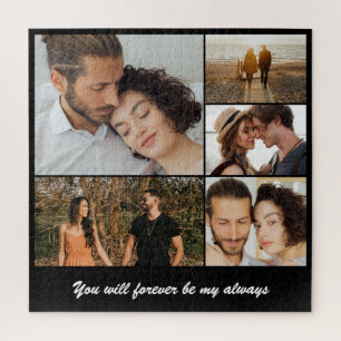 Photo Collage 5 Picture Grid Custom Square Black Jigsaw Puzzle