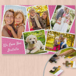 Photo Collage 5 Pictures and Custom Text - Pink Jigsaw Puzzle<br><div class="desc">Personalized jigsaw puzzle - add 5 of your favorite photos and your custom text. The design features a photo collage of 5 pictures, each with a white frame. The photos are on a pink background and your custom wording is lettered in neat script typography. The sample wording reads "we love...</div>