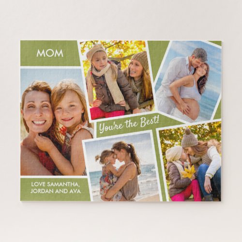 Photo Collage _ 5 Pictures Green Personalized Mom Jigsaw Puzzle