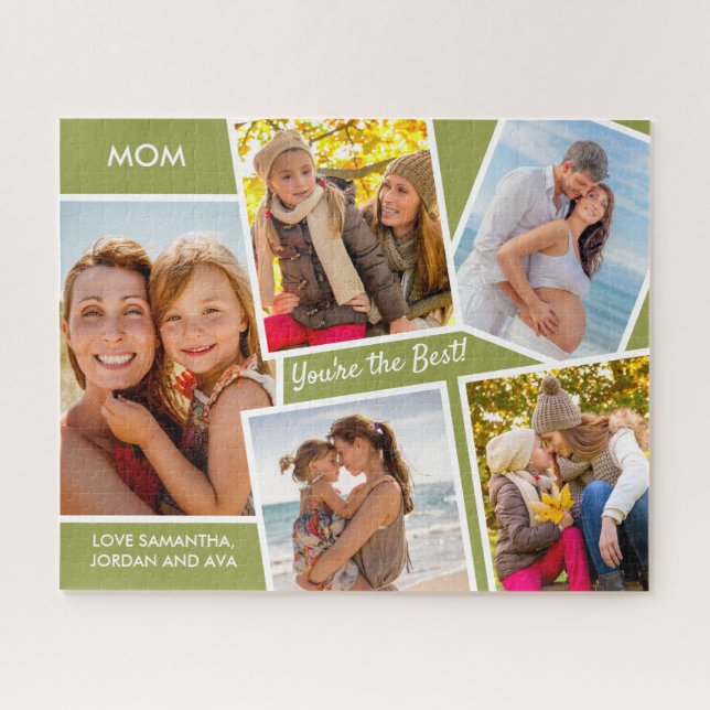 Photo Collage - 5 Pictures Green Personalized Mom Jigsaw Puzzle (Horizontal)
