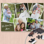 Photo Collage 5 Pictures We Love You Mom - Green Jigsaw Puzzle<br><div class="desc">Personalized jigsaw puzzle - add 5 of your favorite photos and your custom text. The design features a photo collage of 5 pictures, each with a white frame. The photos are on a dark green background and your custom wording is lettered in neat script typography. The sample wording reads "we...</div>
