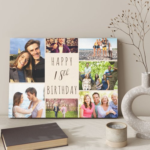 Photo Collage 7 Picture Beige Brown 18th Birthday Canvas Print