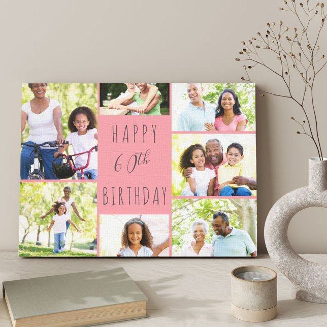 Photo Collage 7 Picture Coral Pink 60th Birthday Canvas Print (Creator Uploaded)