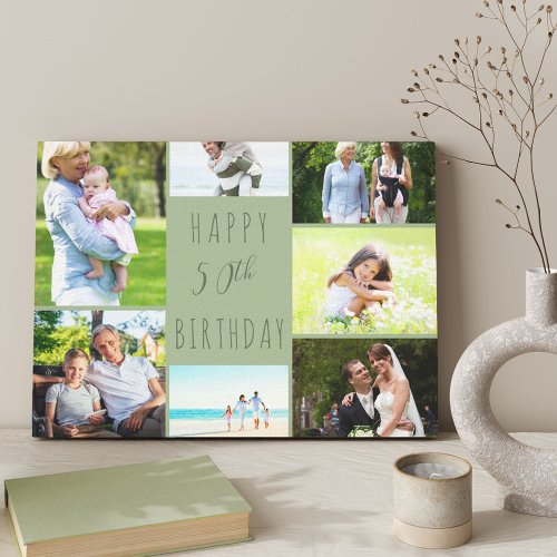 Photo Collage 7 Picture Sage Green 50th Birthday Canvas Print