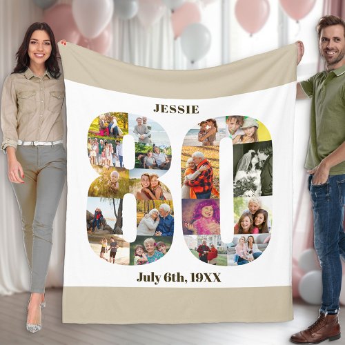 Photo Collage 80th Birthday Neutral Beige Picture Fleece Blanket