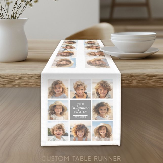 Photo Collage 8 Pics Grey Text Area On White Short Table Runner (Custom Photo Table Runner)