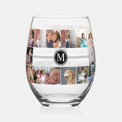 Photo collage and monogram DIY Stemless Wine Glass