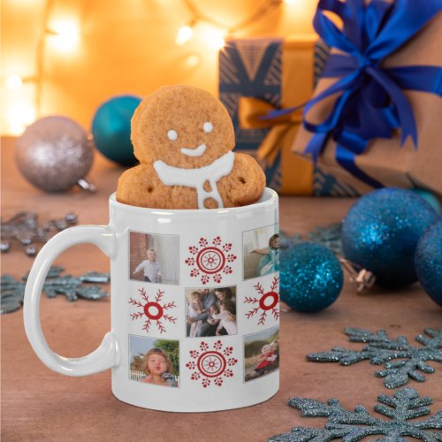 Photo collage and red snowflakes Christmas Coffee Mug