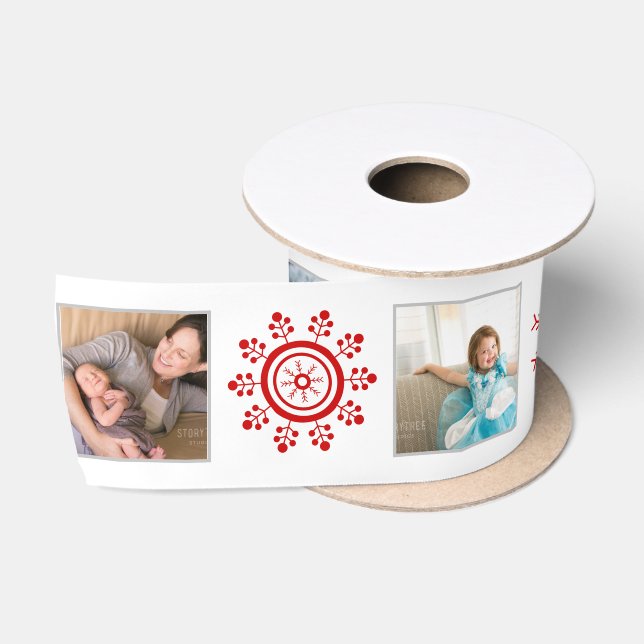 Photo collage and red snowflakes Christmas holiday Satin Ribbon (Spool)
