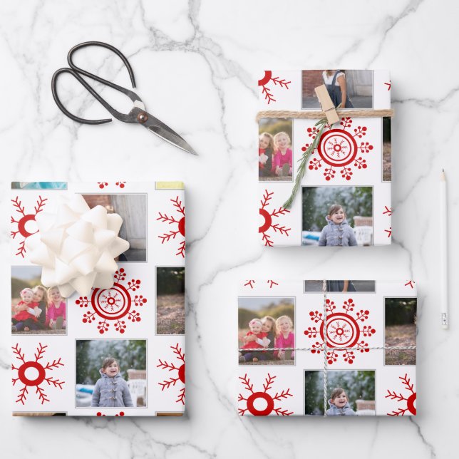 Photo collage and red snowflakes Christmas holiday Wrapping Paper Sheets (Front)