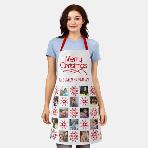 Photo collage and red snowflakes Merry Christmas Apron