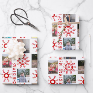 Photo collage and red snowflakes Merry Christmas Wrapping Paper Sheets