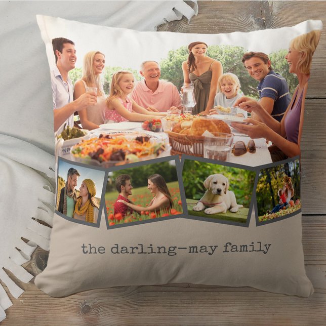 Photo Collage and ZigZag Photo Strip Mushroom Grey Throw Pillow (Creator Uploaded)