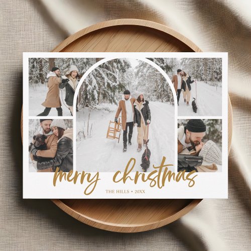 Photo Collage Arch Merry Christmas Fancy Script Holiday Card