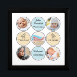 Photo Collage Baby Boy Name, birth stats and duck Keepsake Box<br><div class="desc">Personalize this wonderful keepsake with 5 custom photos of your newborn baby boy, framed by playful circles and a white neutral background. (Instagram photos work great!) Easily add birth announcement details - Name, birth date, weight and height. Cute baby ducks adorn the two yellow circles while your baby's name and...</div>