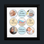 Photo Collage Baby Boy Name, birth stats and duck Keepsake Box<br><div class="desc">Personalize this wonderful keepsake with 5 custom photos of your newborn baby boy, framed by playful circles and a white neutral background. (Instagram photos work great!) Easily add birth announcement details - Name, birth date, weight and height. Cute baby ducks adorn the two yellow circles while your baby's name and...</div>