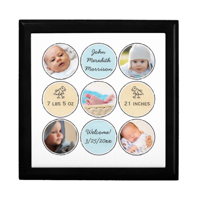 Photo Collage Baby Boy Name, birth stats and duck Keepsake Box (Front)