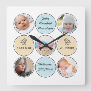 Photo Collage Baby Boy Name, birth stats and duck Square Wall Clock
