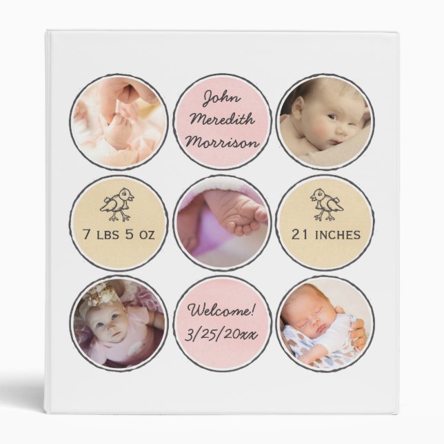 Photo Collage Baby Girl Name, birth stats and duck 3 Ring Binder (Front)