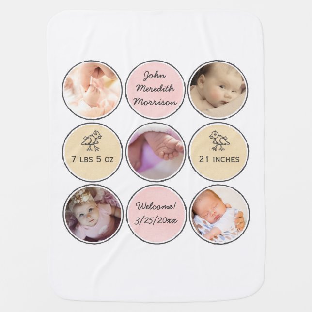 Photo Collage Baby Girl Name, birth stats and duck Blanket (Front)