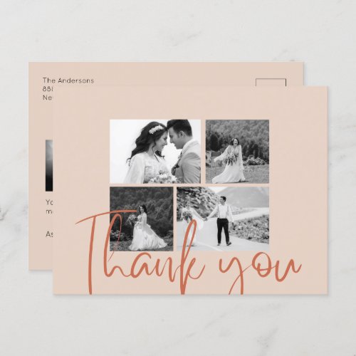 Photo Collage Beige Elegant Wedding Thank You Postcard