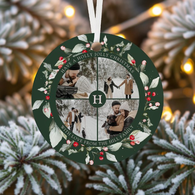 Photo Collage Berry Jolly Christmas Green Metal Ornament (Creator Uploaded)