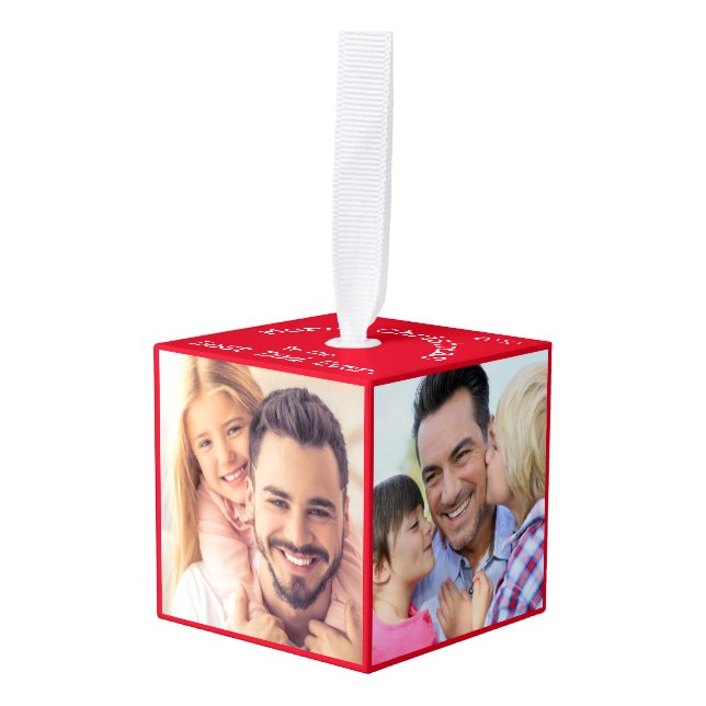 Photo Collage Best Dad Ever Red Personalized Cube Ornament (Front Angled)
