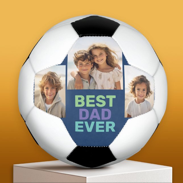 Photo Collage - Best Dad Ever - Whimsical Blue Soccer Ball (Custom Soccer Ball)