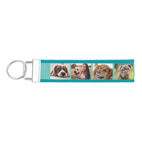 Photo Collage Best Dog Mom Ever Fun Teal White  Wrist Keychain