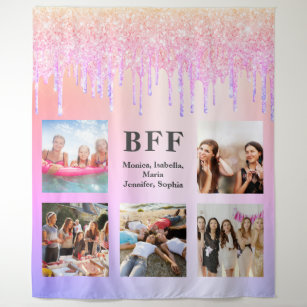 Photo collage best friends glitter rainbow pink tapestry