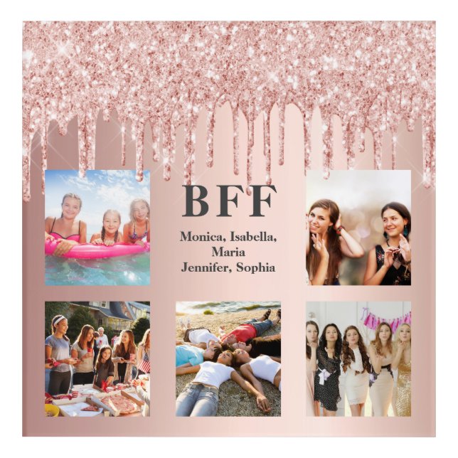 Photo collage best friends glitter rose gold pink acrylic print (Front)