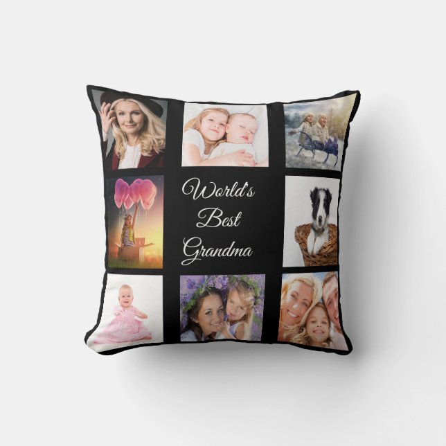Photo collage best grandma world black throw pillow (Front)