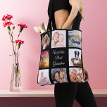 Photo collage best grandma world black tote bag<br><div class="desc">A gift for your grandmother celebrating her life with a collage of 8 photos.  White text: World's Best Grandma. Use photo of her,  children,  grandchildren,  husband,  pets,  friends,  her dream travel destination. A chic black background. Perfect as a Mother's Day gift or for birthdays and Christmas.</div>