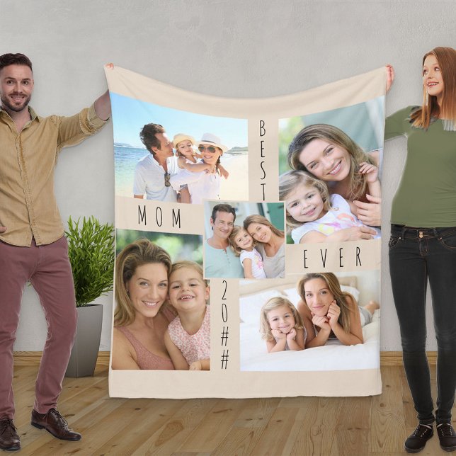 Photo Collage Best Mom Ever Neutral Beige Fleece Blanket (Creator Uploaded)