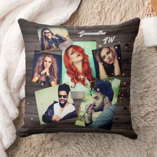 Photo collage besties wood 6 photo family images throw pillow