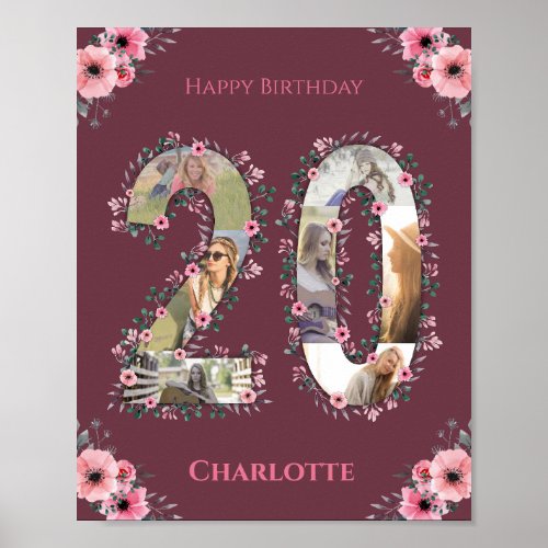 Photo Collage Big 20th Birthday Girl Pink Flower Poster