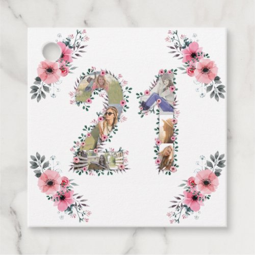 Photo Collage Big 21st Birthday Pink Flower White Favor Tags