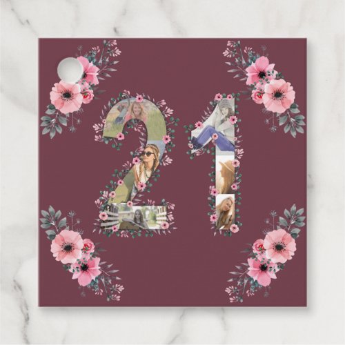 Photo Collage Big 21st Birthday Pink Flower Woman Favor Tags