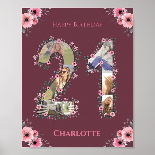 Photo Collage Big 21st Birthday Pink Flower Woman Poster