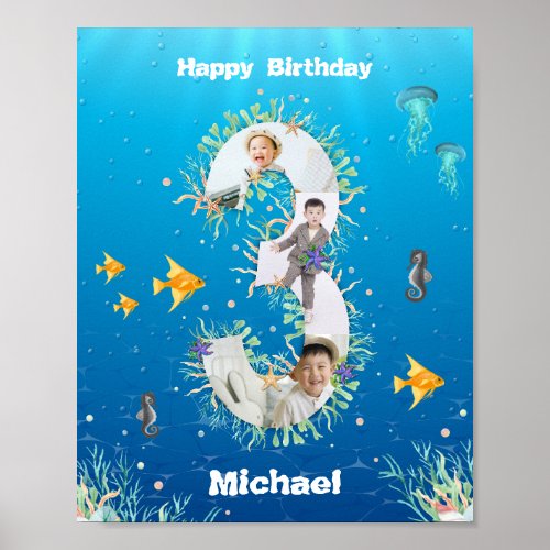 Photo Collage Big 3rd Birthday Under The Sea Poster
