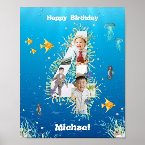Photo Collage Big 4th Birthday Under The Sea Poster