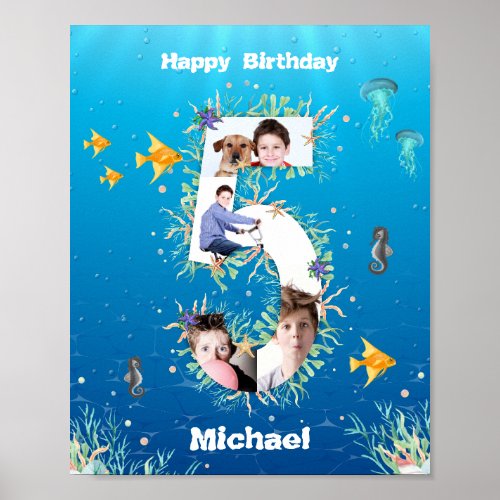 Photo Collage Big 5th Birthday Under The Sea Poster